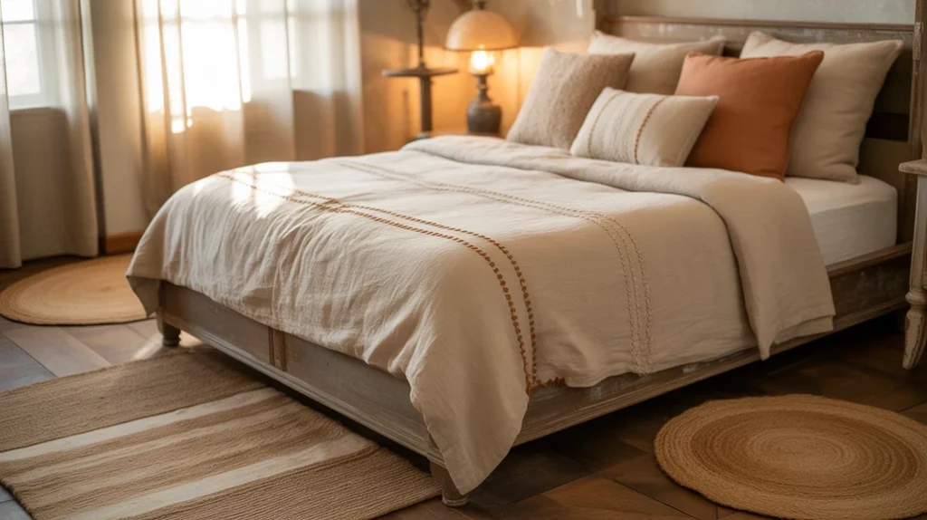 Rustic bedroom neutral color palette with beige linens and jute rug