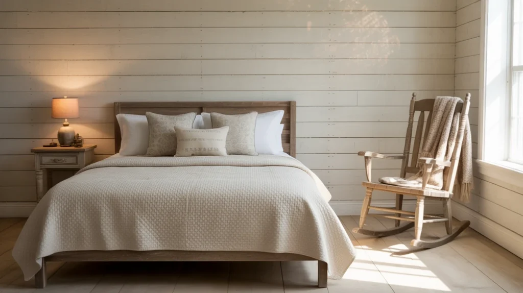 Rustic farmhouse bedroom with shiplap walls and rustic wooden bed.