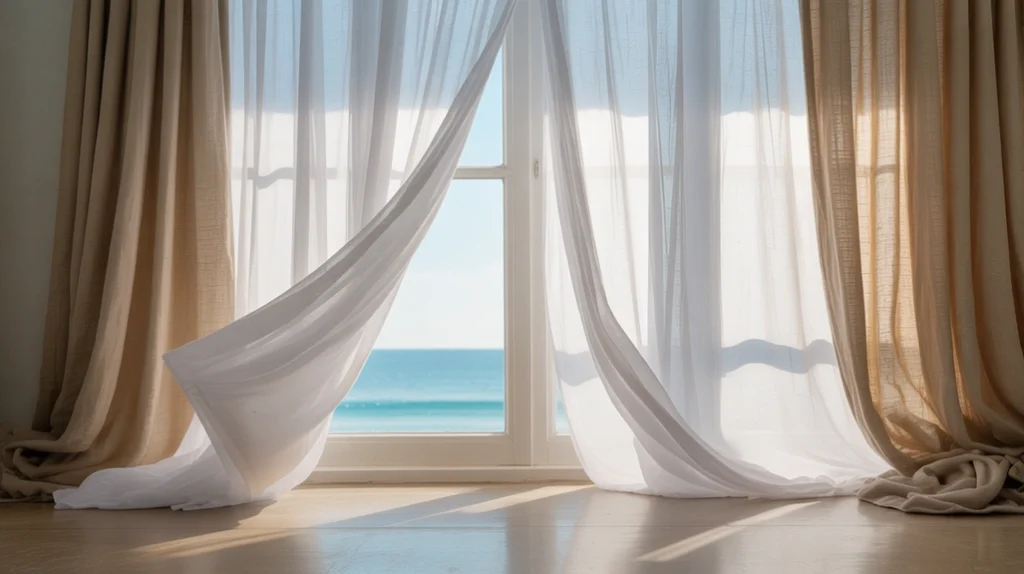 Light streaming through sheer white curtains and beige linen drapes in a breezy boho coastal bedroom.