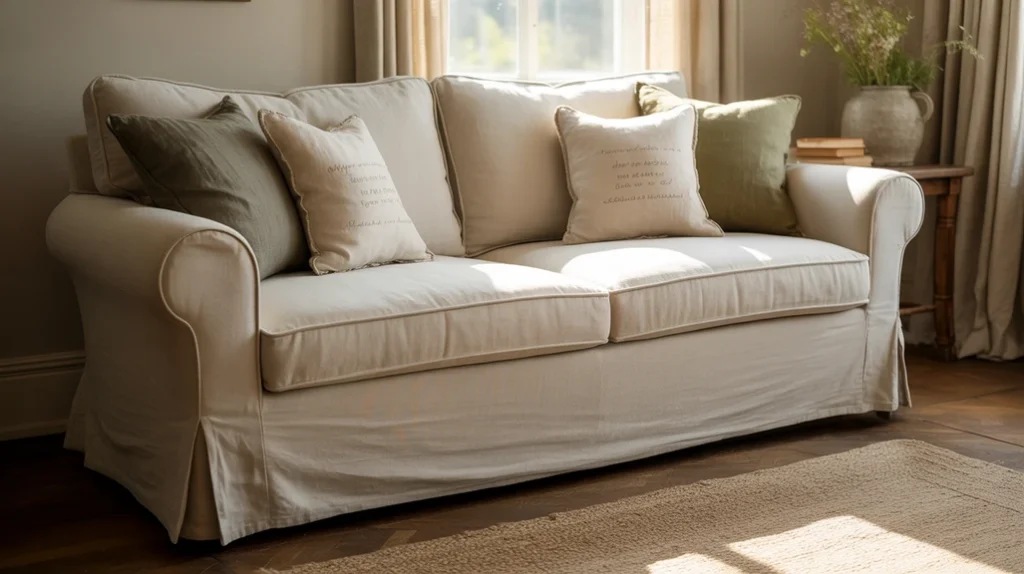 Slipcovered farmhouse sofa in linen fabric with neutral pillows