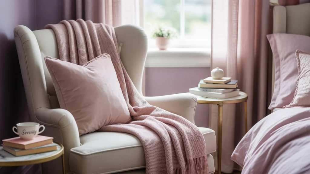 Romantic bedroom in soft color palette of blush, lavender, and cream.