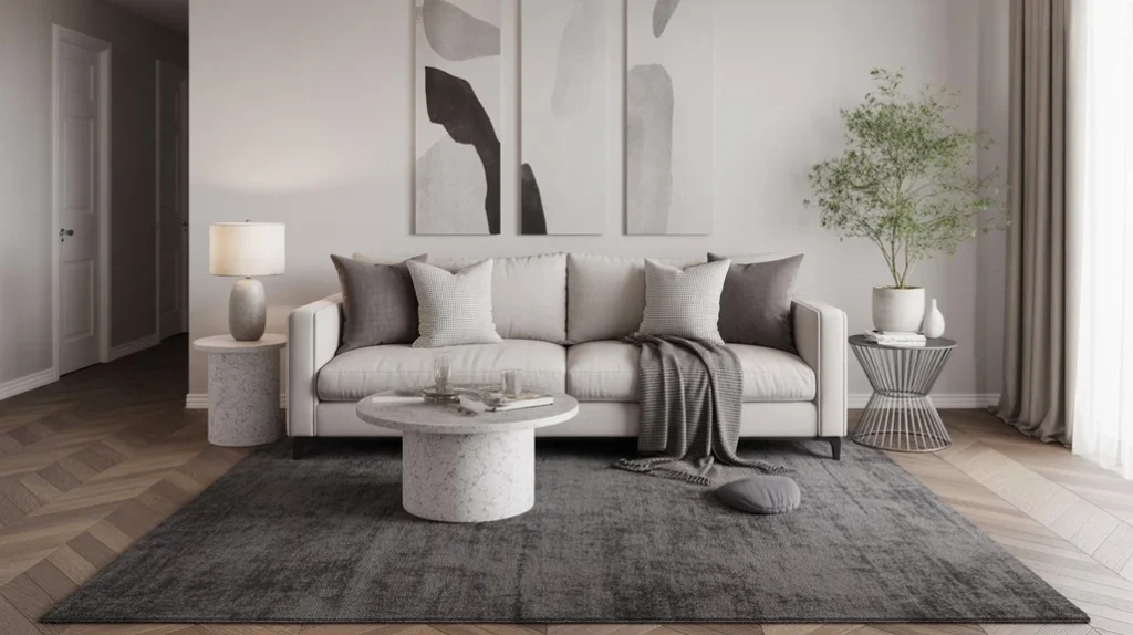 Soft gray furniture and cool undertones anchoring a Frosted Winter Wonderland-inspired design