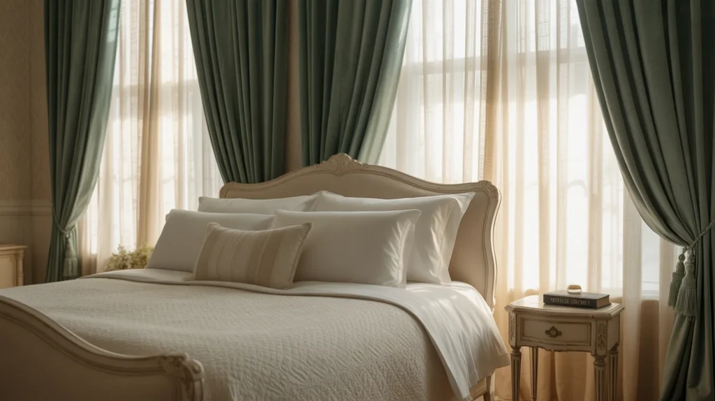 Velvet curtains layered over sheer drapes adding softness and privacy to a warm bedroom.
