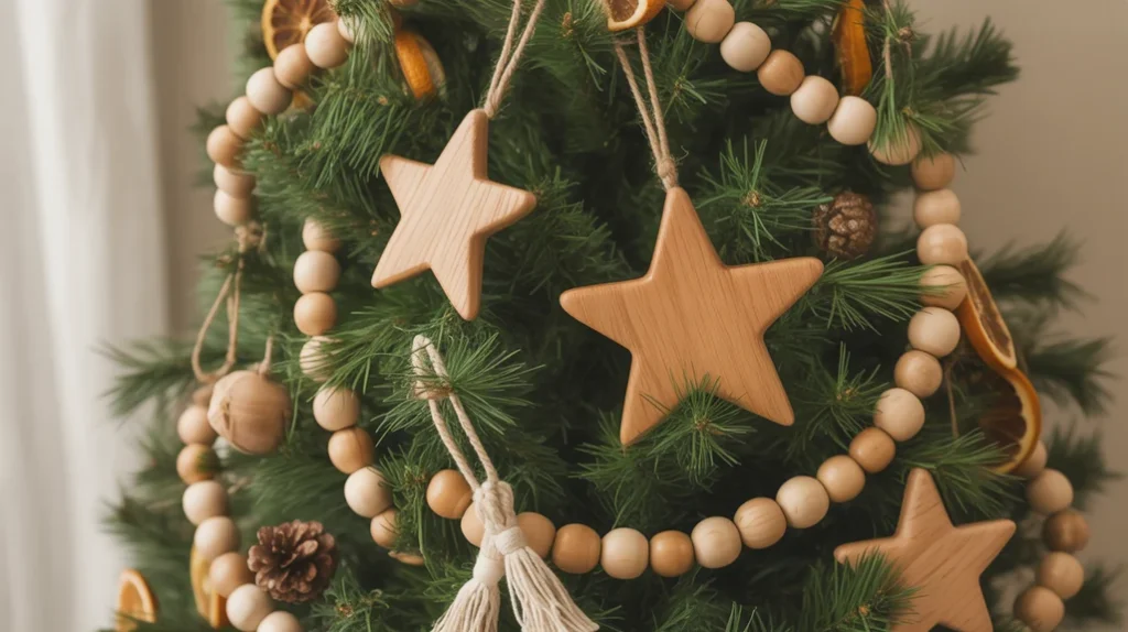 Wooden ornaments on a rustic boho Christmas tree.
