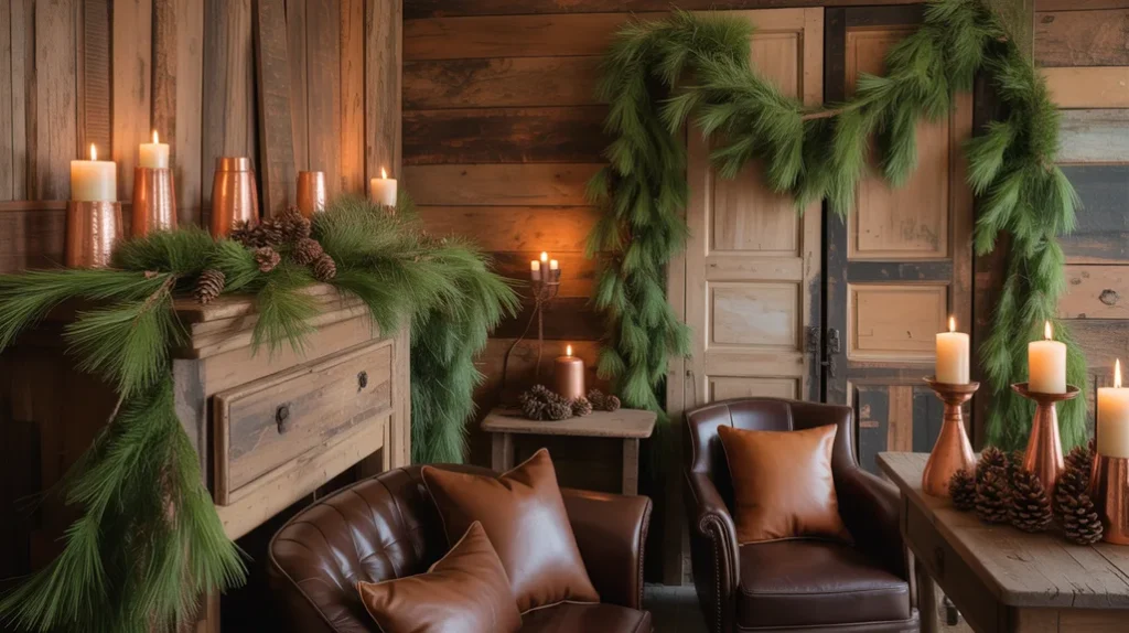 rustic woodland christmas decor with pine greenery, wood textures, and brown accents inspired by nature’s warmth.