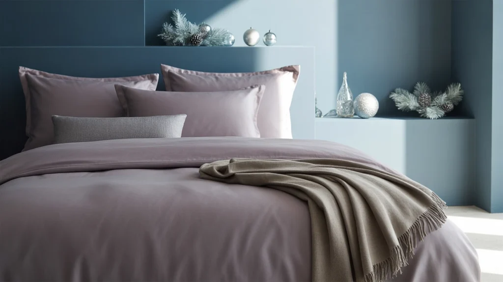 bedroom featuring slate blue and mushroom gray winter tones with silver details and soft fabrics for calm holiday interiors.