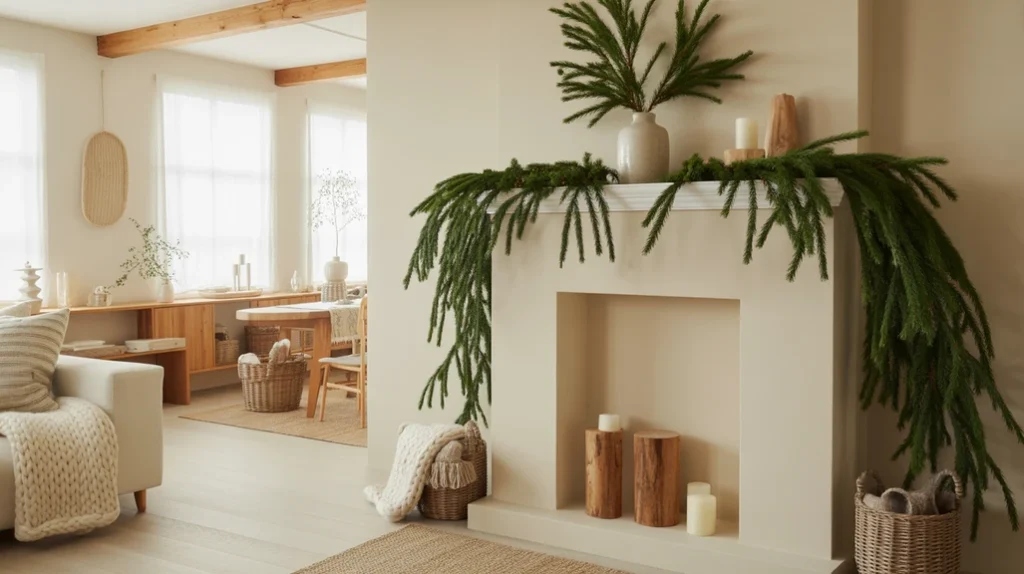 Scandinavian Christmas tree with ivory ornaments and woodland green garland in a minimalist neutral interior.