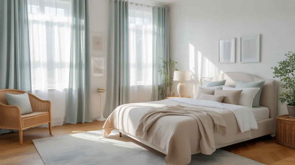 Light blue bedroom with sheer curtains letting sunlight stream through windows.