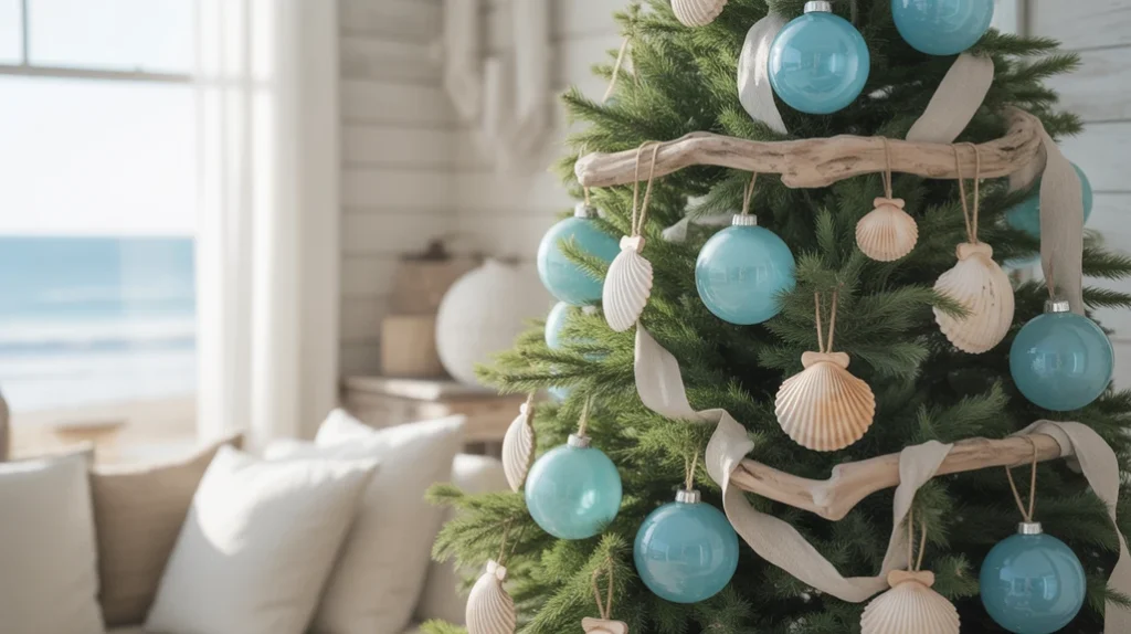 Coastal blue and silver Christmas tree with aqua ornaments, driftwood stars, and shell baubles for beach-inspired holiday décor.