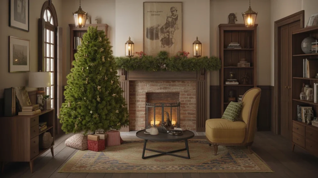 Hunter-green Christmas tree with antique brass lanterns creating a vintage festive interior.