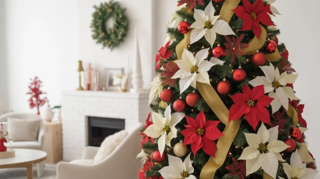 Bright red, gold, and white Christmas tree decorated with white poinsettias and gold ribbons for a fresh modern holiday look.