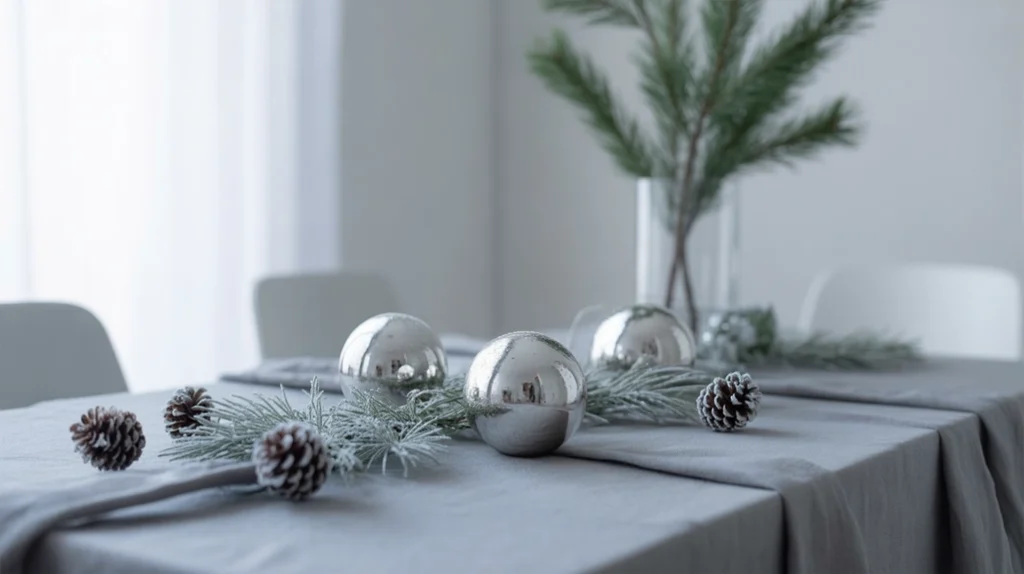 Scandinavian minimalist décor in stone gray and silver tones with mercury-glass ornaments and frosted pinecones.
