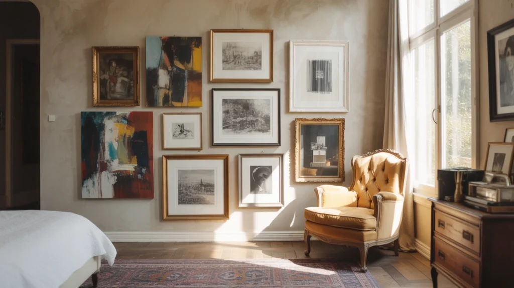 Gallery wall with framed artwork adding personality to modern eclectic bedroom design ideas.