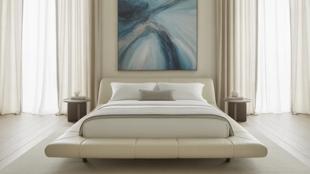Abstract artwork introducing bold personality to a stylish blue and cream bedroom.