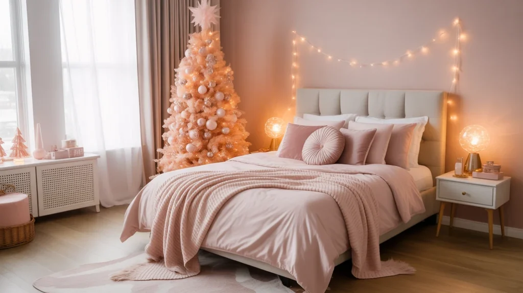 Soft glam blush Christmas bedroom with fairy lights, velvet cushions, and cozy pink bedding.