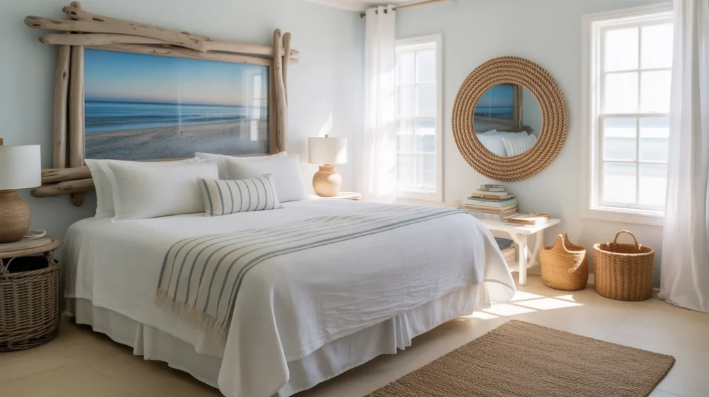 Blue and white coastal bedroom with driftwood frame, rope mirror, and breezy seaside details.