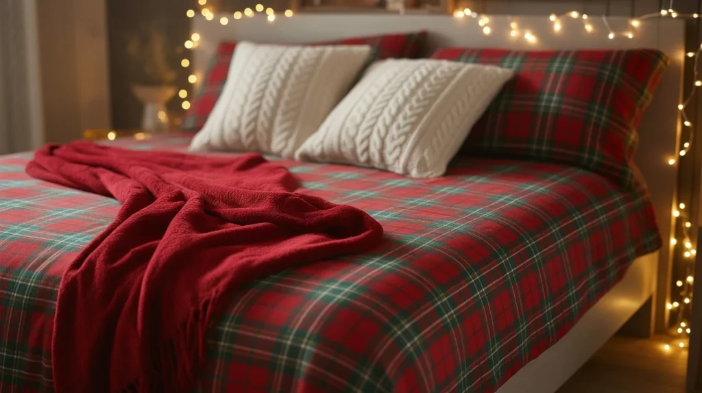 holiday bedroom styling with red plaid bedding, white knit pillows, and twinkling lights creating a cozy winter retreat.