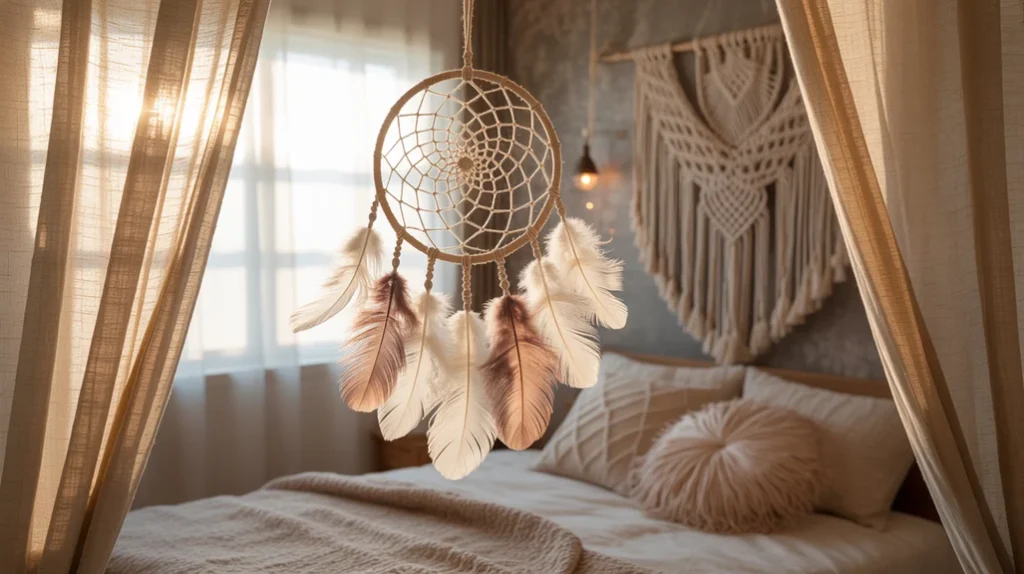 Dreamcatcher and macramé wall art in cozy witchy space.