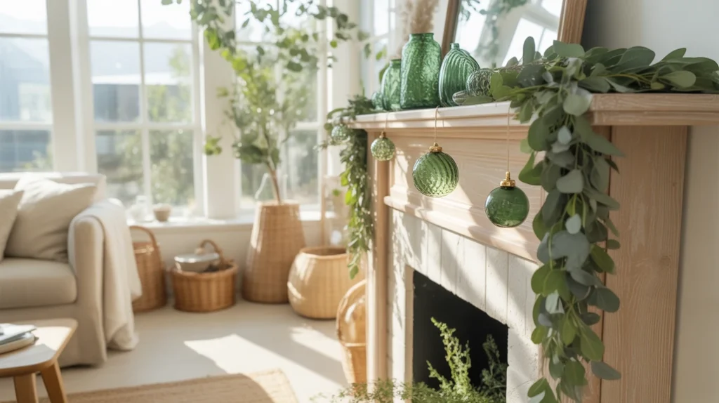 Natural emerald and white Christmas home decor featuring eucalyptus garland, white ornaments, and wooden textures.