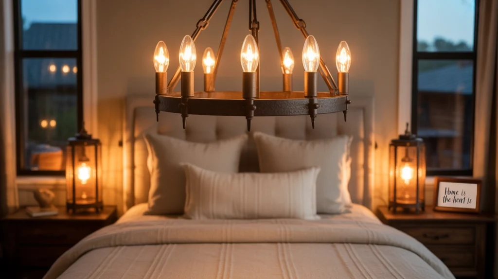 Farmhouse bedroom lighting with rustic chandelier and lantern bedside lamps.