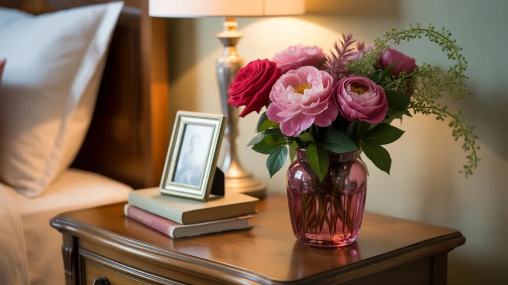 Romantic bedroom with fresh flowers and greenery adding natural beauty.