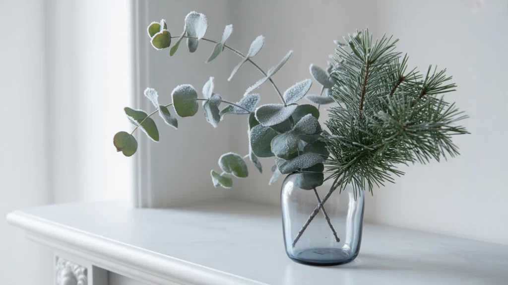 Glass vase with frosted pine and eucalyptus branches adding natural charm to a silver and blue holiday interior.