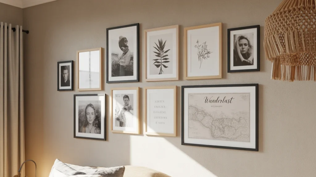 “Gallery wall in bedroom featuring framed photos, artwork, and typography prints