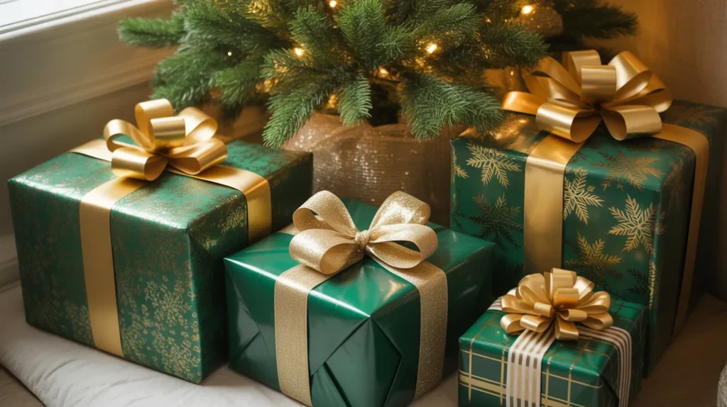 Green and gold wrapped Christmas gifts arranged under a beautifully decorated tree.