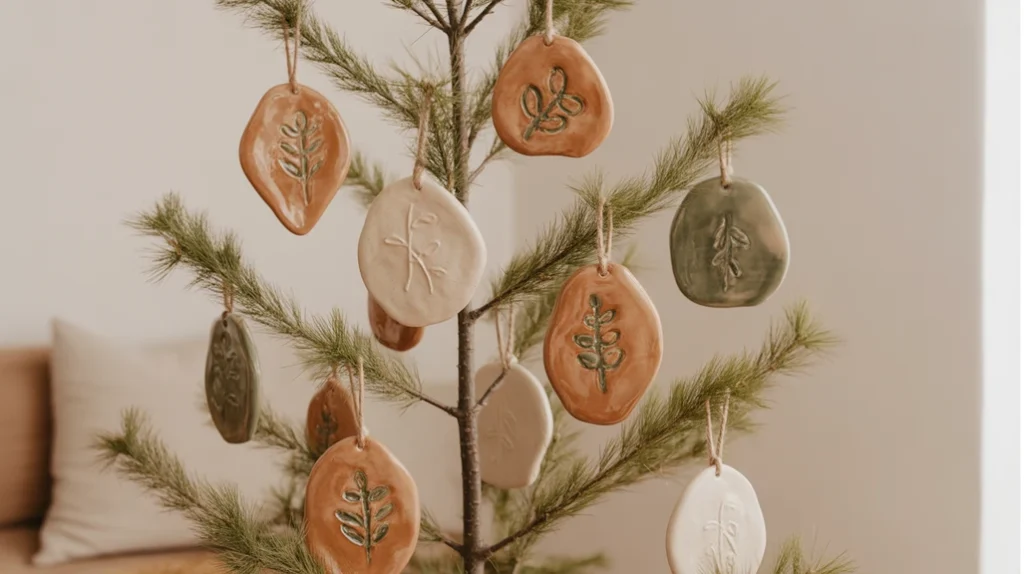 Handmade clay ornaments on a natural holiday tree.