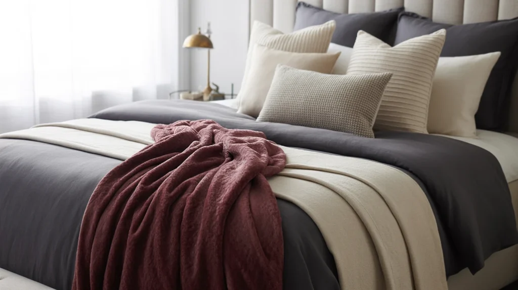 Cozy moody bedroom with layered bedding in deep, dark tones.