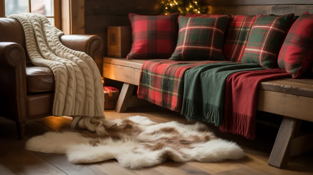 Layered cozy cabin textiles with chunky knit blankets, faux fur throws, and flannel cushions