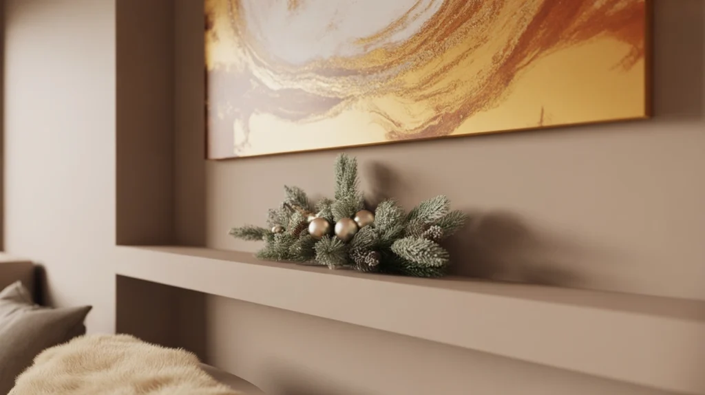 Modern Christmas living room decor featuring abstract art, metallic accents, and minimalist wall styling.