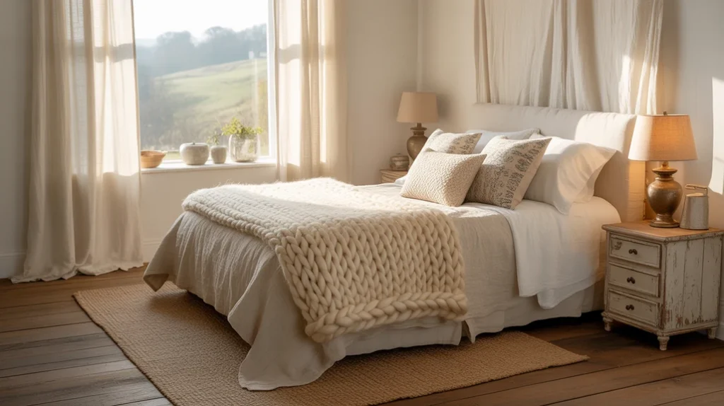 Cozy farmhouse textiles like linen curtains, jute rugs, and knit throws in bedroom décor.