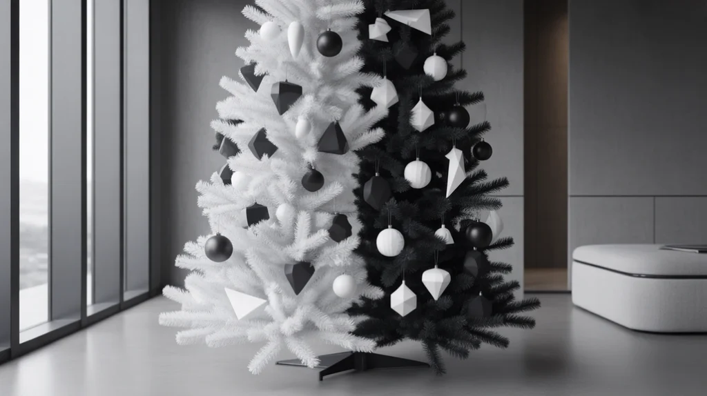 Black and white monochrome Christmas tree with geometric ornaments — modern minimalist home styling.