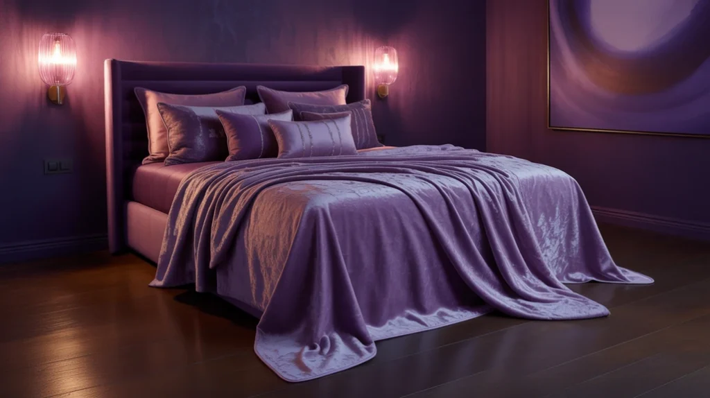 Cozy lighting setup with violet glow and LED accents — moody, romantic inspiration for purple bedroom ideas.