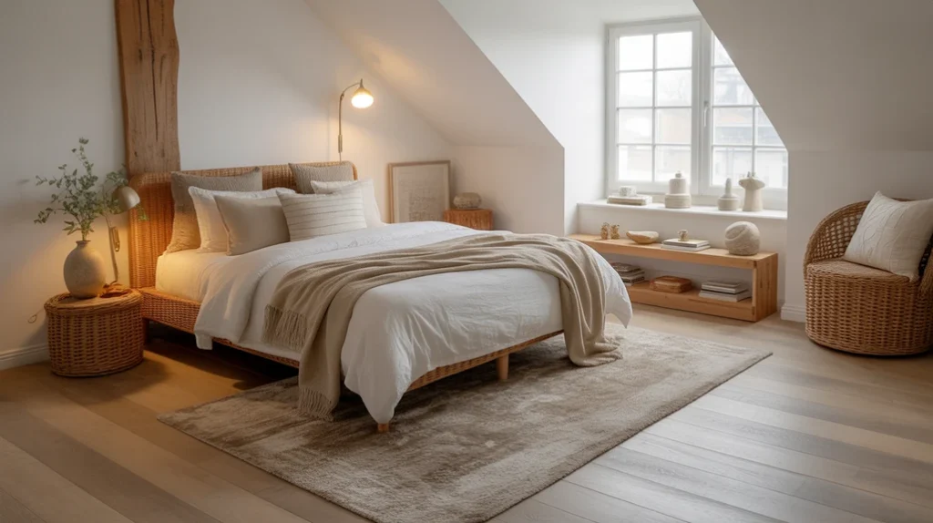 neutral-flooring-warm-rugs-attic-bedroom – attic bedroom ideas with neutral flooring and layered rugs for cozy touch