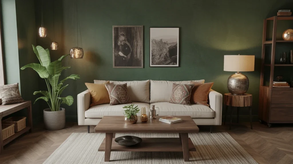 Neutral beige sofa against dark walls in a cozy boho-inspired living room
