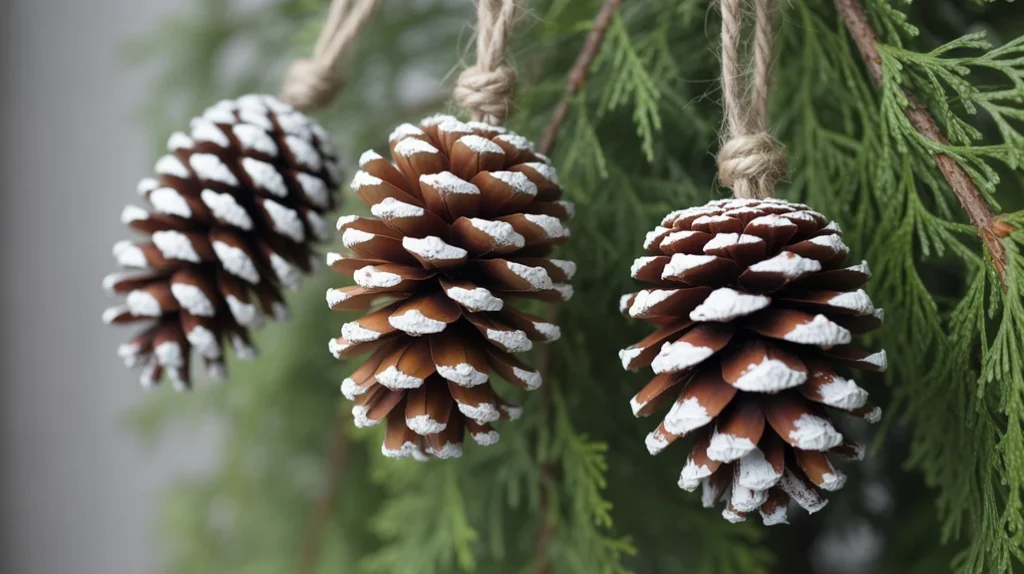 frosted pinecone ornaments with twine for cozy winter tree decor”