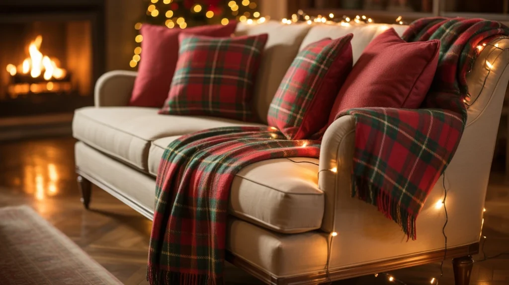 Plaid pillows and tartan throws adding festive texture to cozy Christmas living room ideas