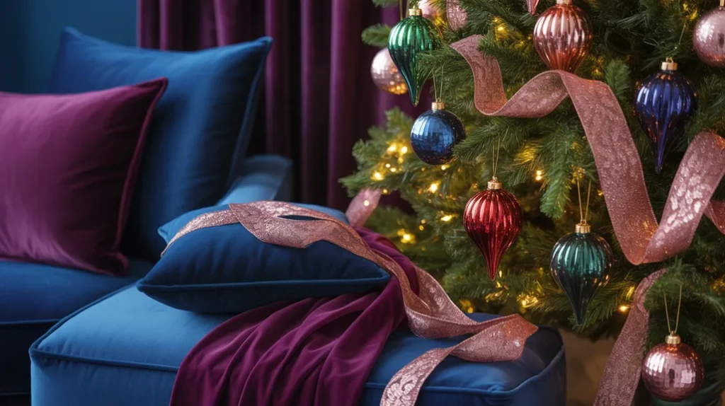 Plum and navy jewel-toned Christmas theme with rose gold details and rich holiday textures.