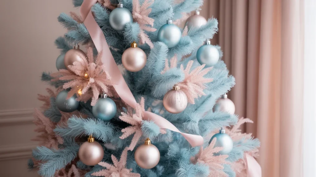 Powder blue and blush pink Christmas setup with matte ornaments and soft ribbons creating romantic and modern elegance.