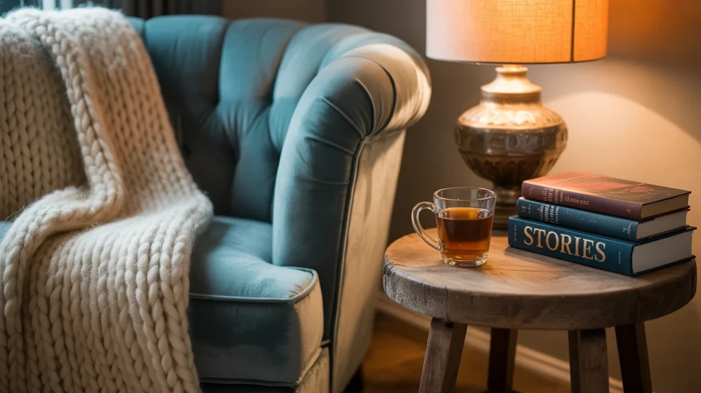 Cozy reading nook with a soft armchair, knitted throw blanket, and warm lamp lighting.