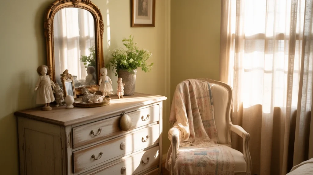 Rustic bedroom featuring vintage furniture, antique mirror, and heirloom quilt