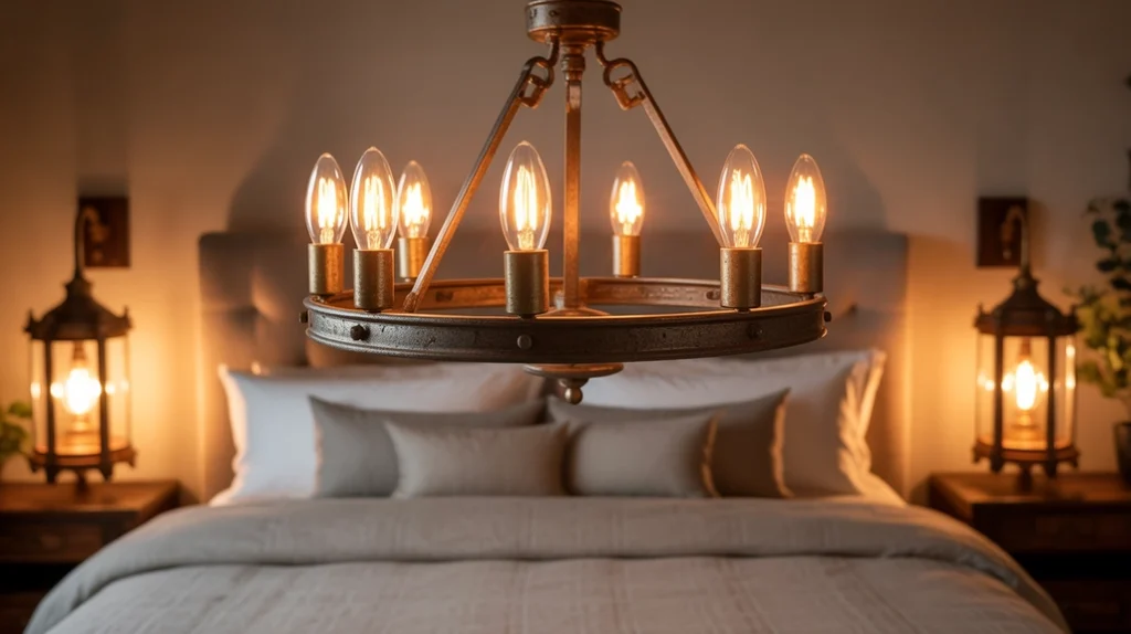 Rustic farmhouse bedroom lighting with chandelier and lantern sconces.