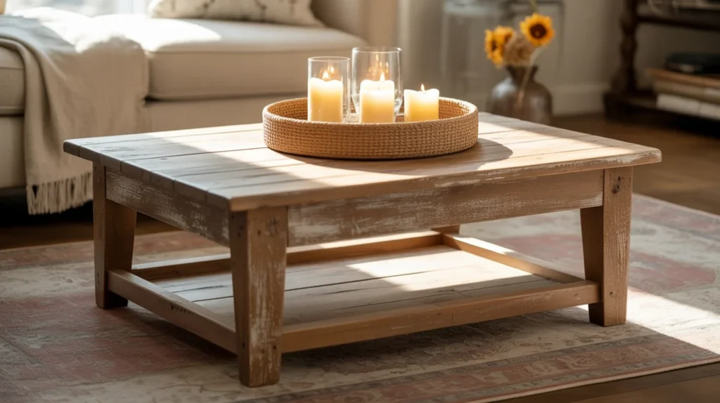 Rustic wooden coffee table styled with candles and woven tray in farmhouse decor.