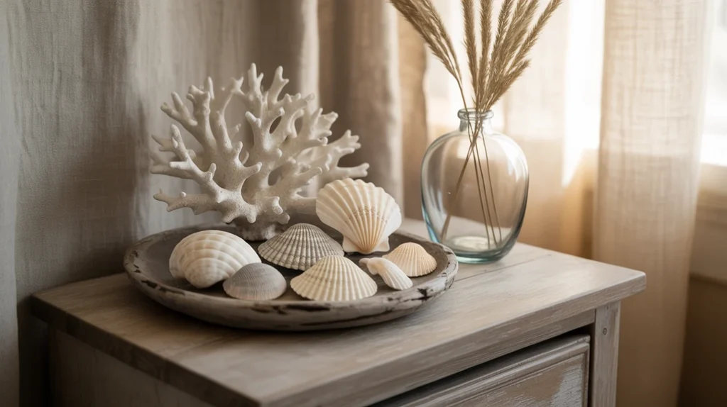 Seashell and driftwood decor styled on a bedside table highlighting boho coastal bedroom ideas for beach lovers.