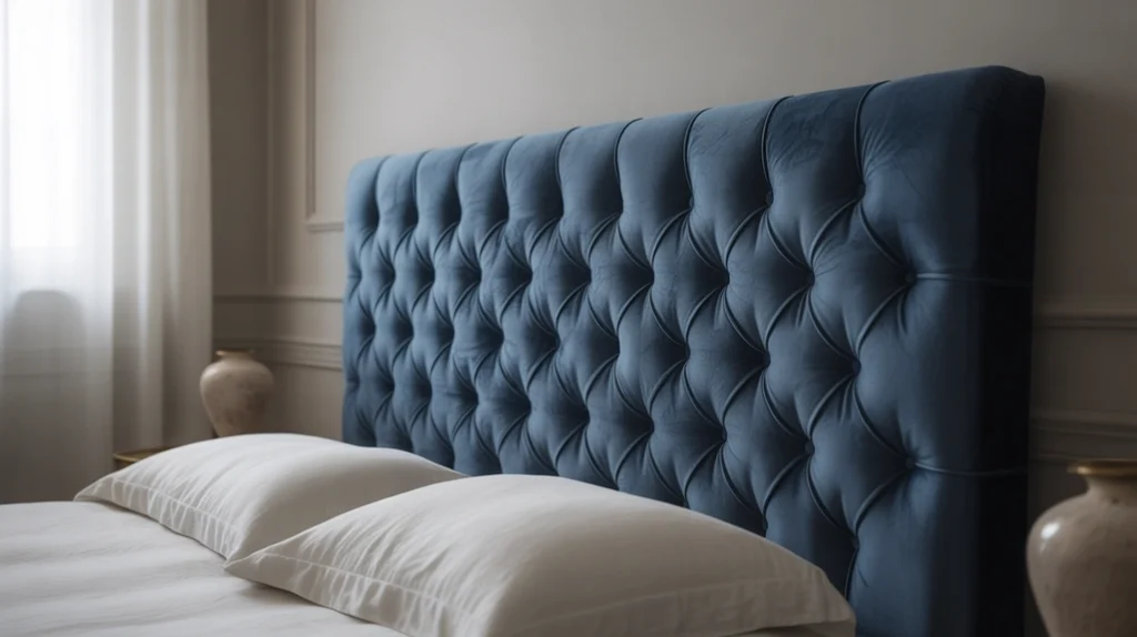 velvet-headboard-navy-bedroom-idea → Luxurious velvet headboard in a navy blue bedroom