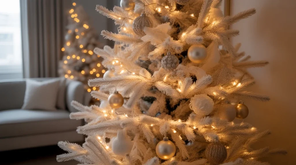 Neutral and white holiday tree glowing with layers of warm white fairy lights for cozy ambiance.