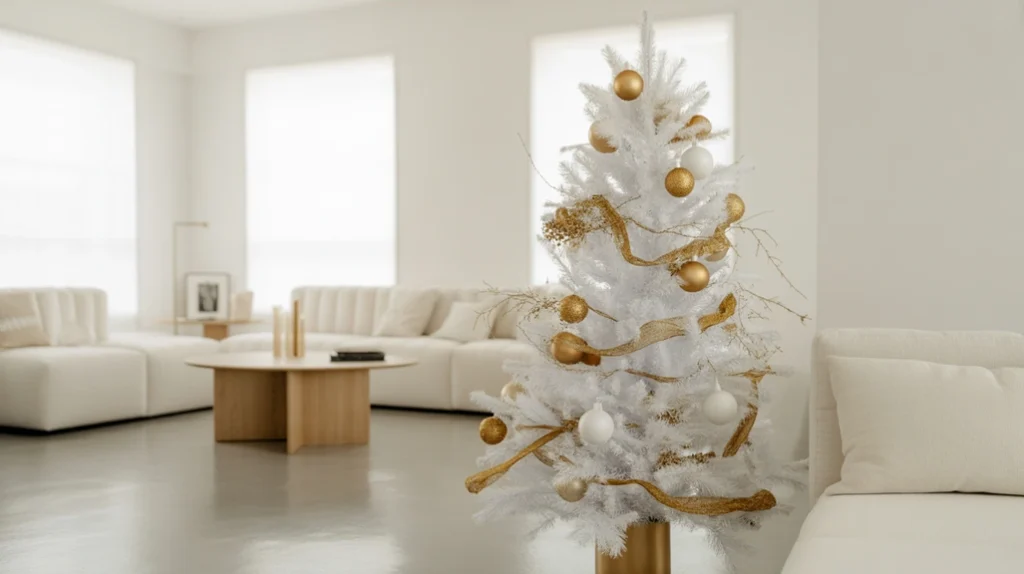 white and gold minimalist christmas design with metallic ornaments and clean decor for modern interiors.