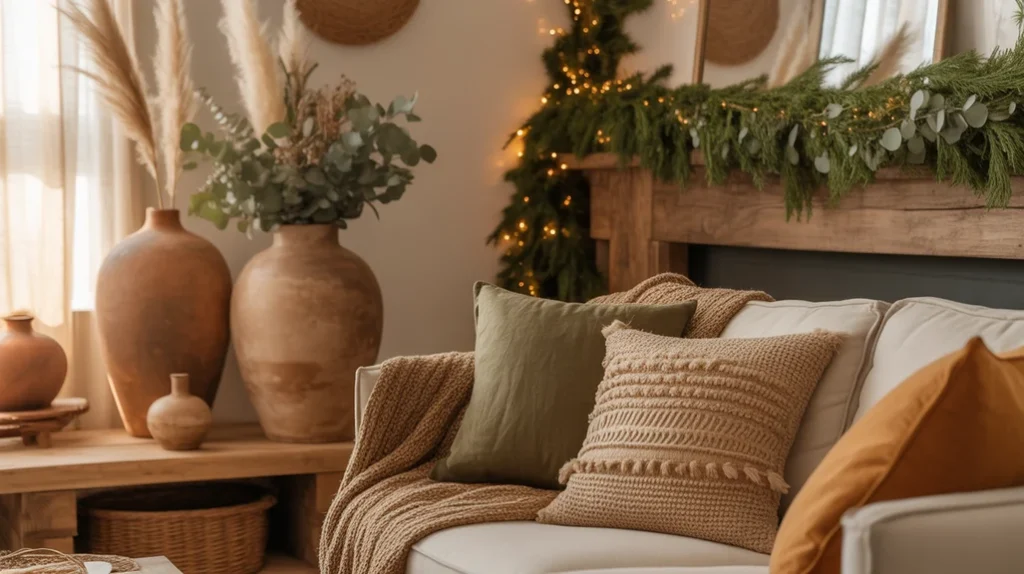 earthy olive green and terracotta Christmas decor featuring clay textures, greenery, and warm boho lighting.